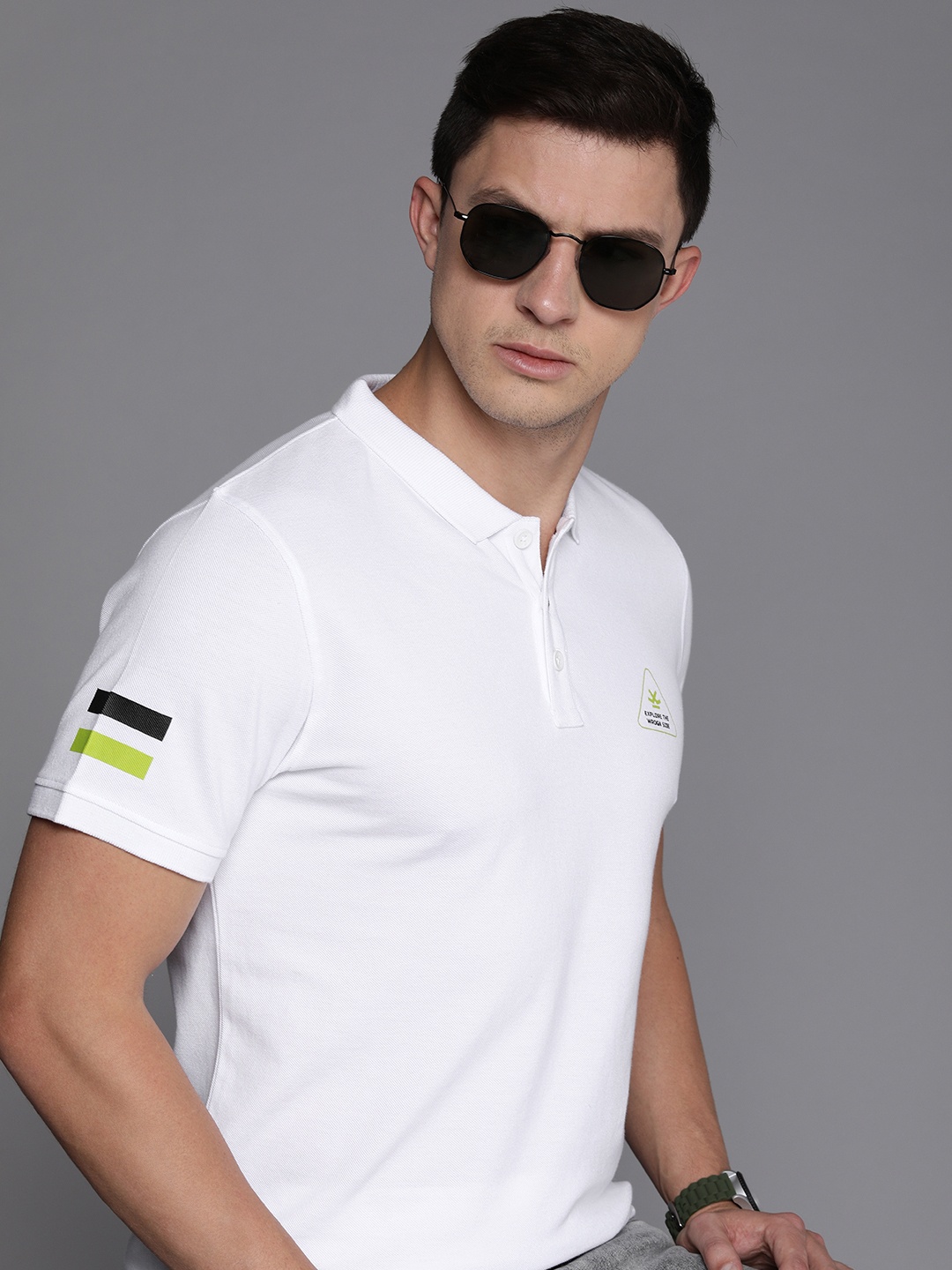 

WROGN Men White Solid Pure Cotton Polo Collar Slim Fit T-shirt