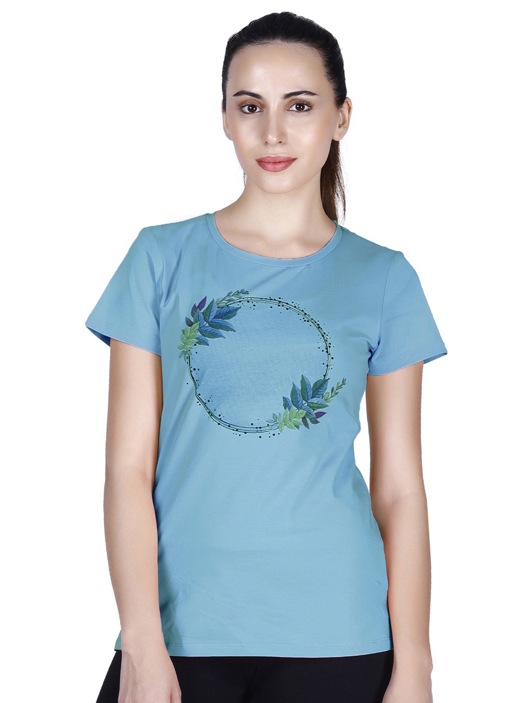 

LAASA SPORTS Women Blue Graphic Printed Cotton Dry-Fit Training or Gym T-shirt
