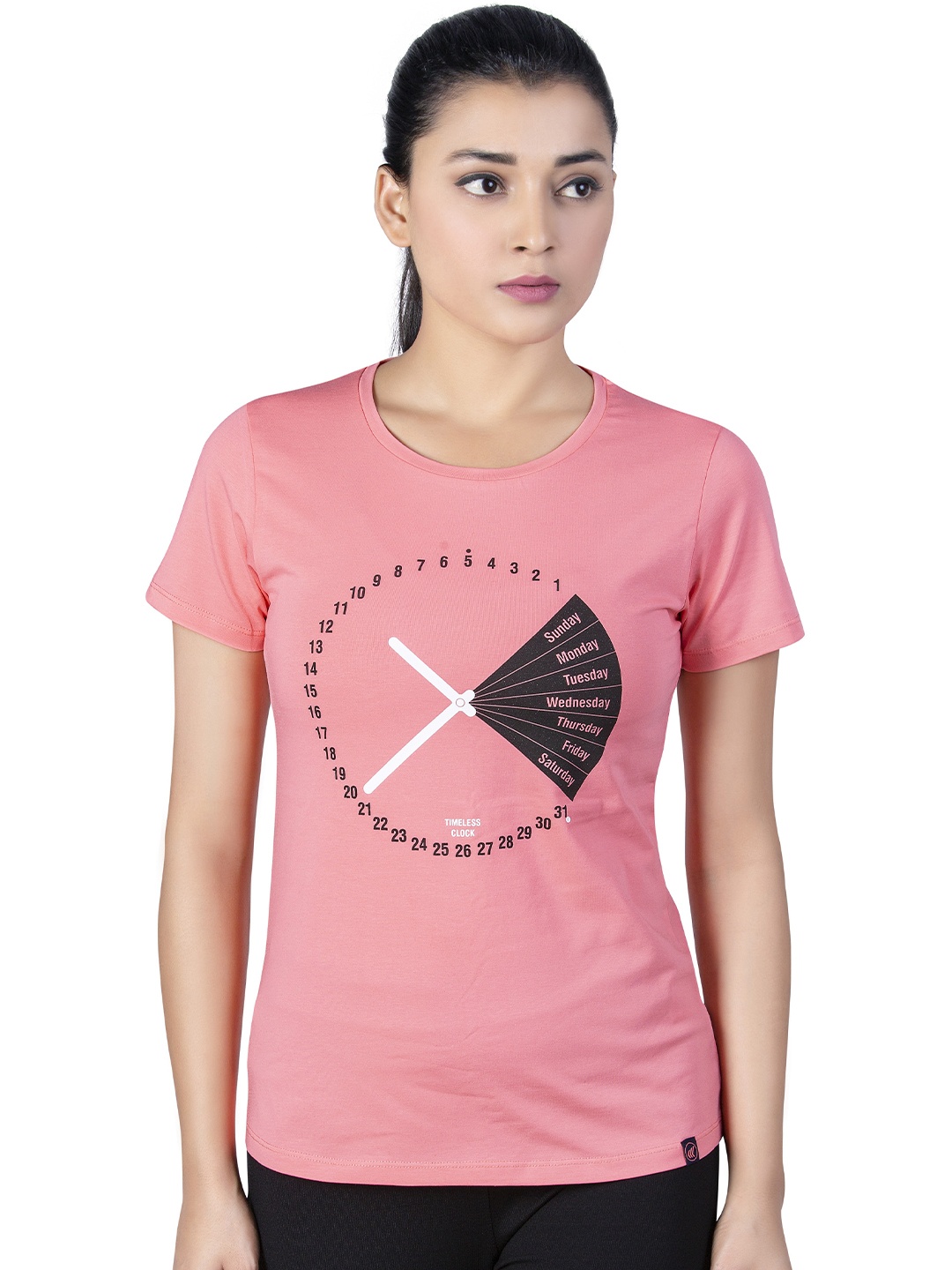 

LAASA SPORTS Women Pink & Black Printed Training or Gym Cotton T-shirt