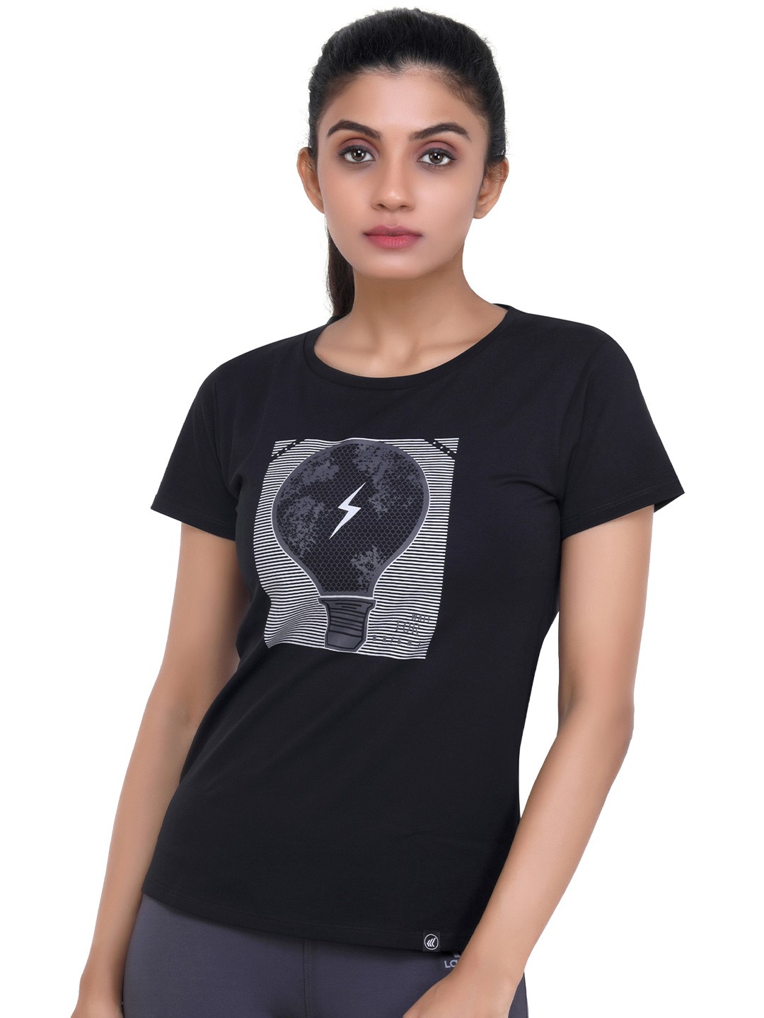 

LAASA SPORTS Women Black & Grey Printed Cotton Training or Gym T-shirt