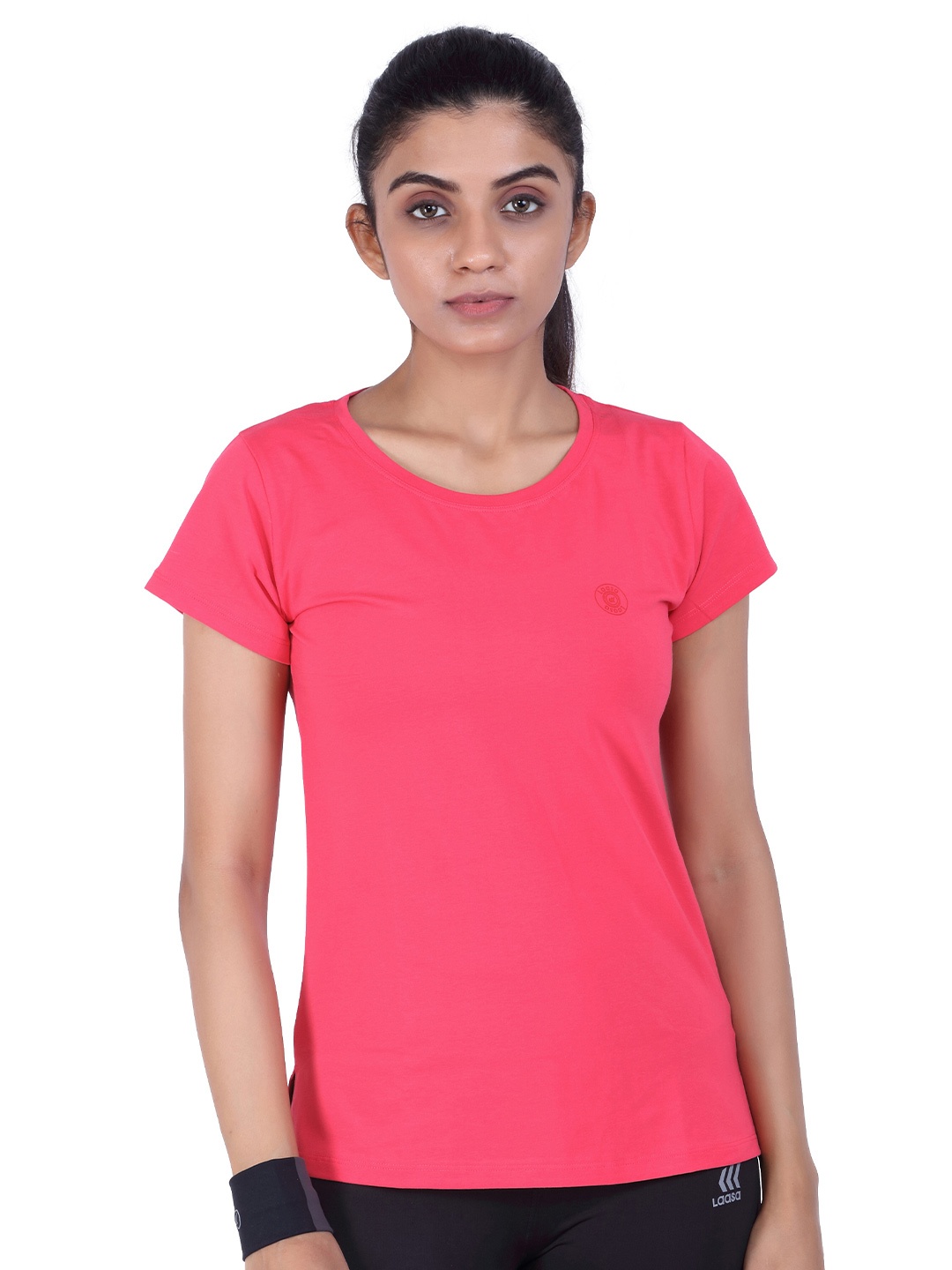 

LAASA SPORTS Women Pink Cotton Training or Gym T-shirt