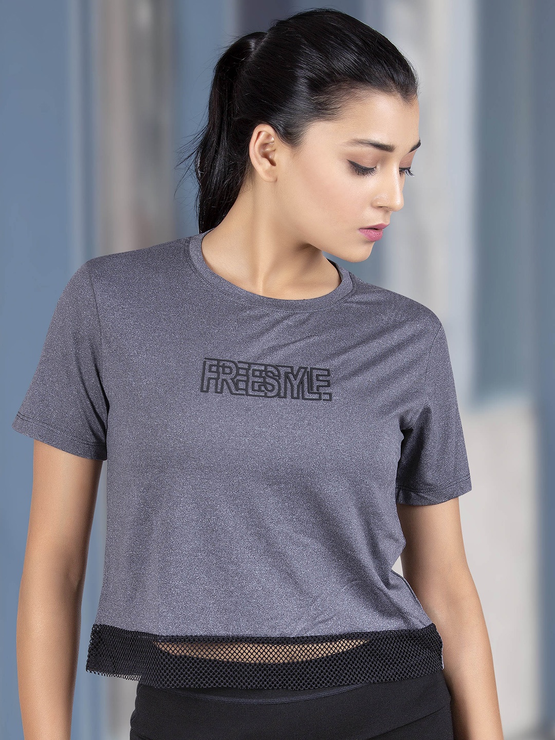 

LAASA SPORTS Women Black Typography Printed Dry Fit Crop Training or Gym T-shirt