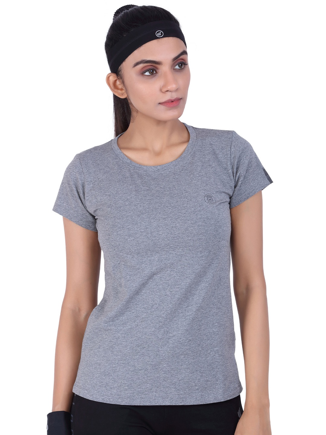 

LAASA SPORTS Women Grey Slim-Fit Cotton Dry Fit Training or Gym T-shirt