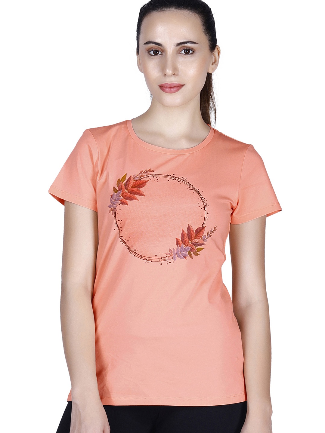 

LAASA SPORTS Women Peach-Coloured Graphic Printed Cotton Dry Fit Training or Gym T-shirt