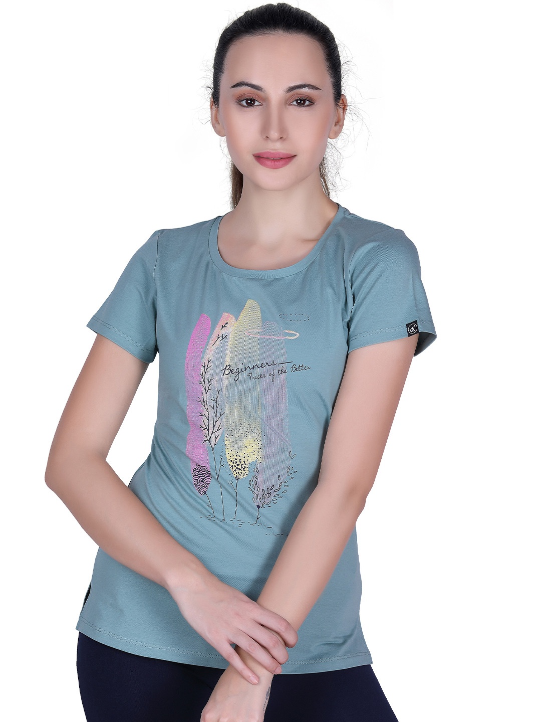 

LAASA SPORTS Women Blue Printed Dry Fit Training or Gym T-shirt