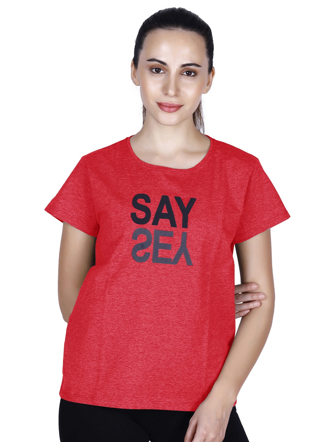 

LAASA SPORTS Women Red & Black Typography Cotton Printed T-shirt