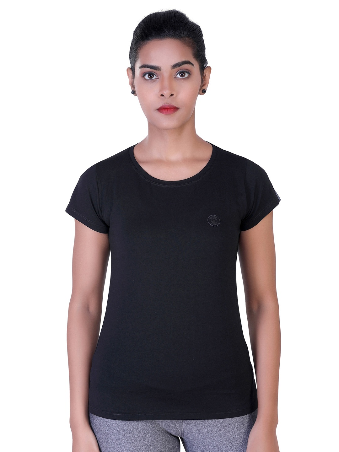 

LAASA SPORTS Women Black Slim-Fit Cotton Dry Fit Training or Gym T-shirt