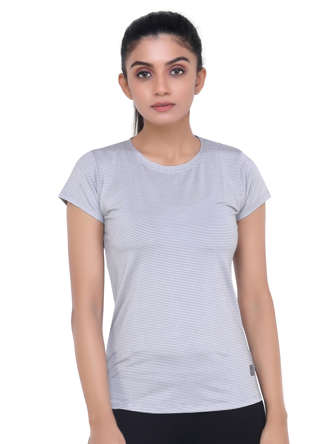 

LAASA SPORTS Women Grey Striped Dry-Fit Training or Gym T-shirt