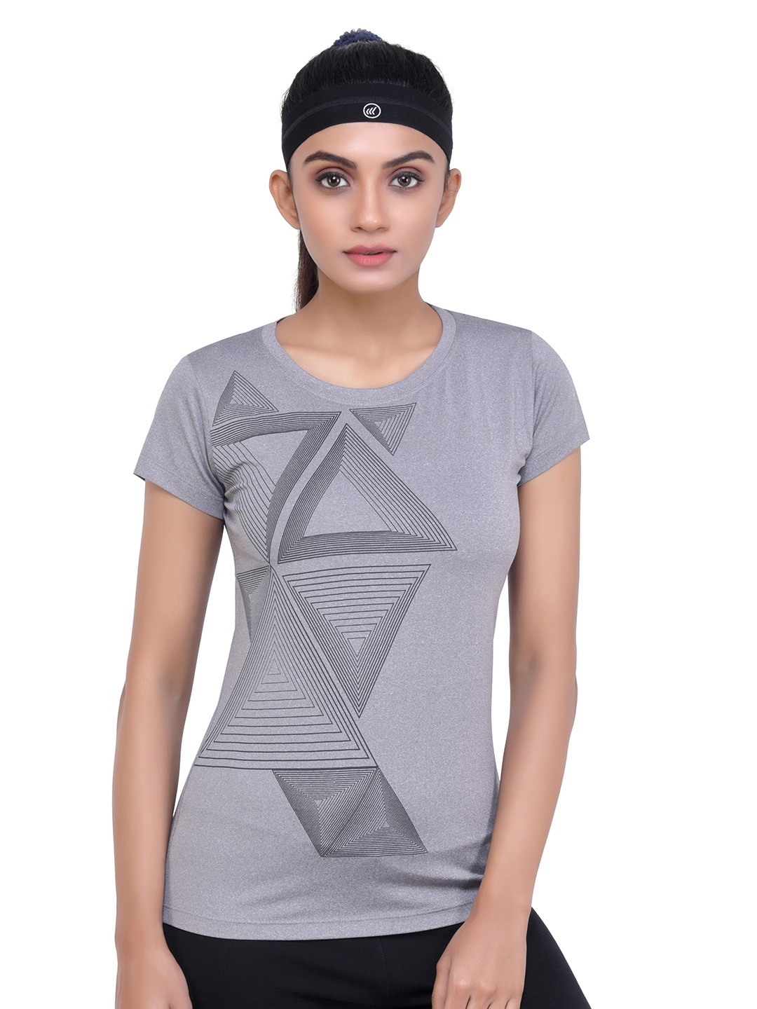 

LAASA SPORTS Women Grey Printed Dry-Fit Training or Gym T-shirt