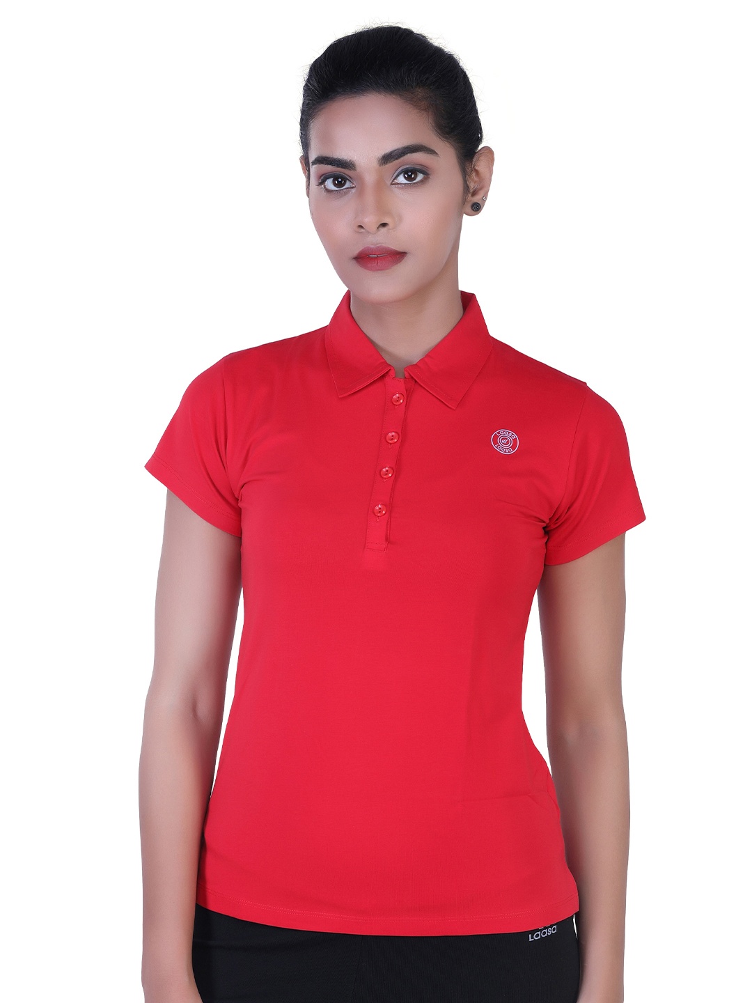 LAASA SPORTS Women Red Polo Collar Dry Fit Cotton Training or Gym T-shirt
