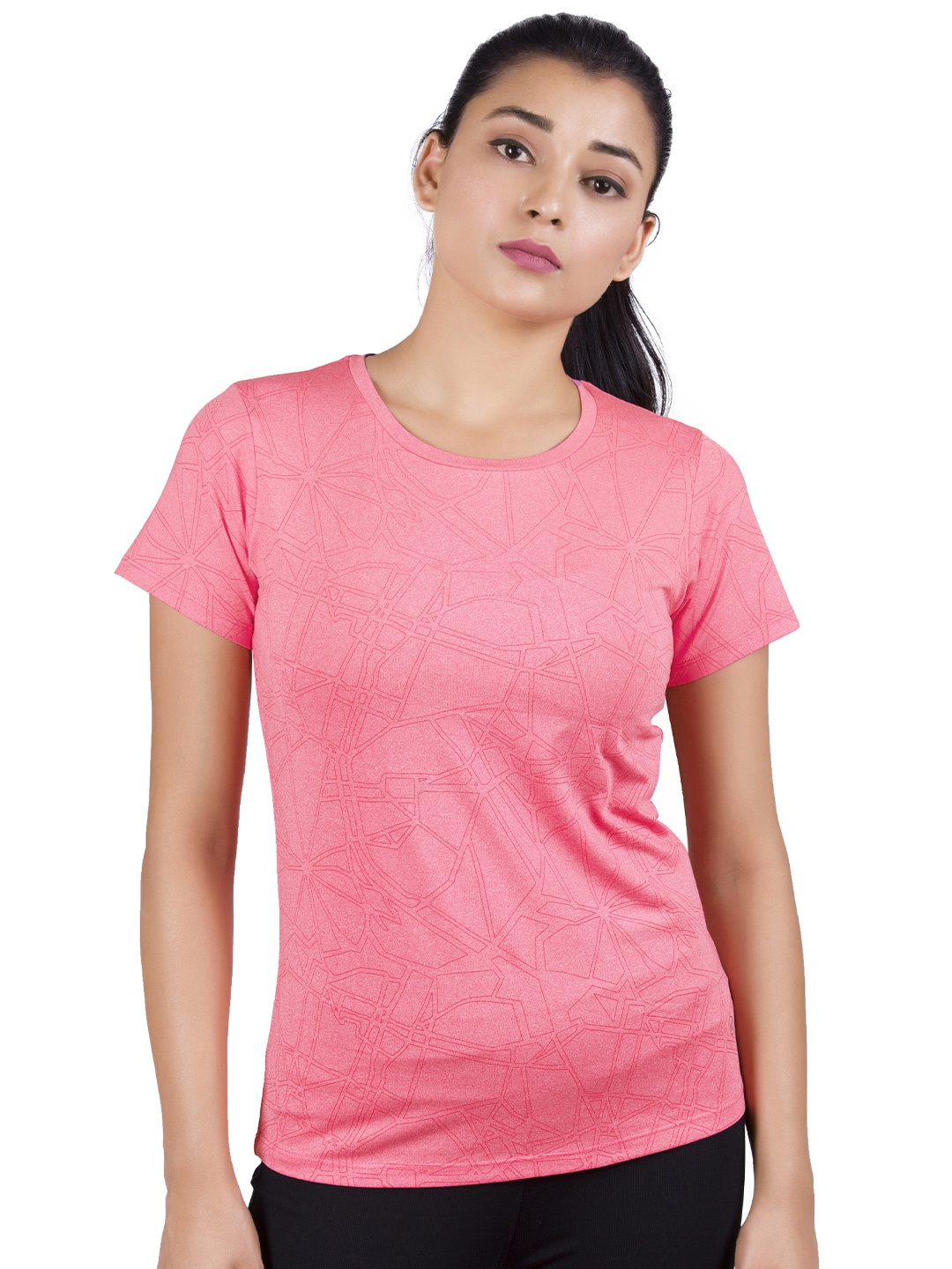 

LAASA SPORTS Women Pink Solid Dry-Fit Training or Gym T-shirt