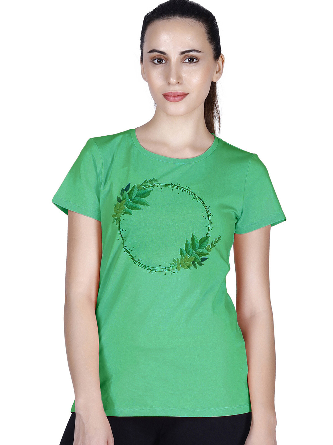 

LAASA SPORTS Women Green Printed Training or Gym T-shirt