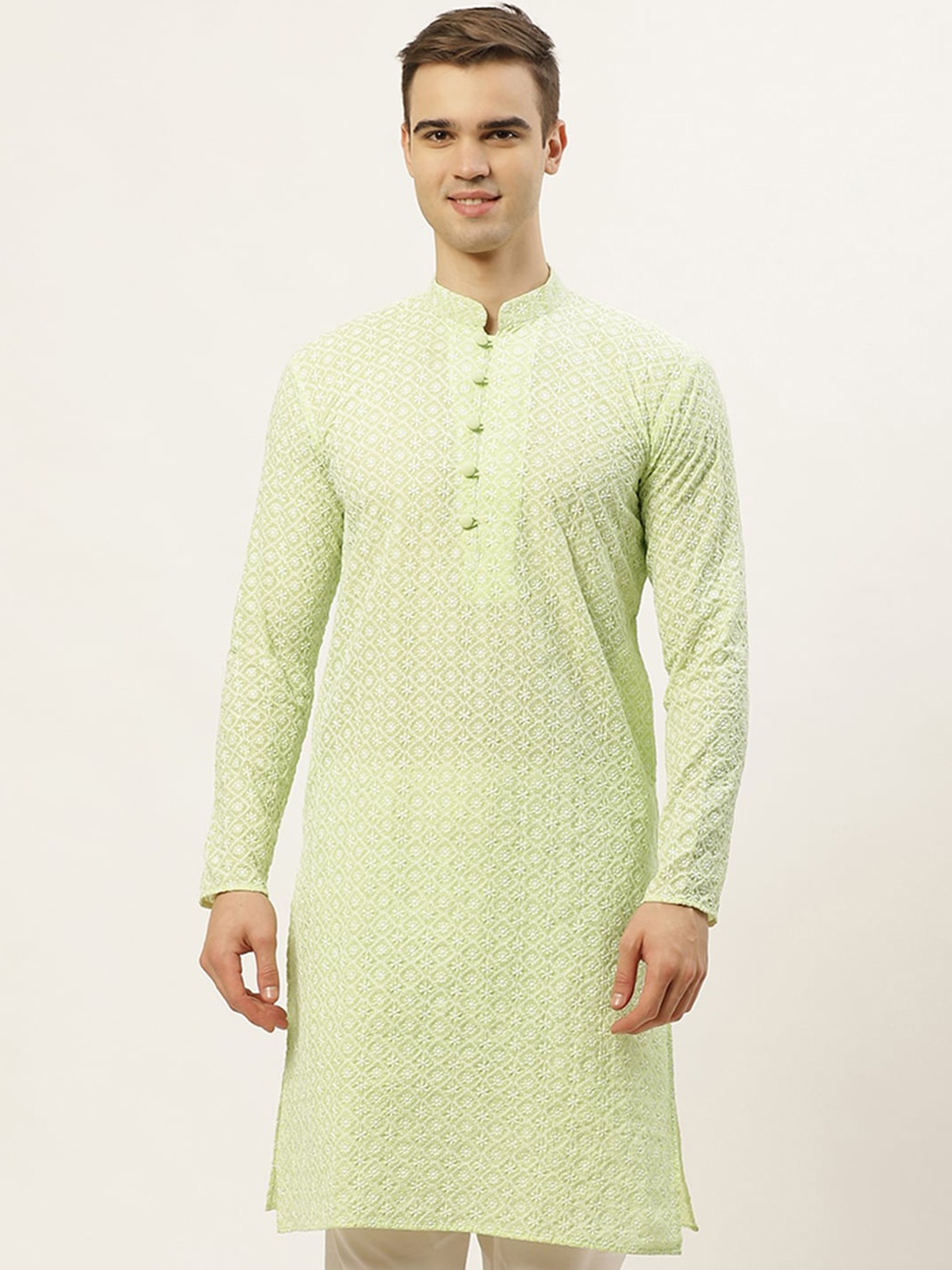 

Jompers Men Green & White Ethnic Motifs Embroidered Thread Work Kurta