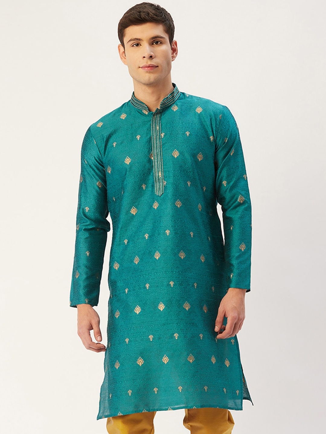 

Jompers Men Teal Green & Gold-Toned Ethnic Motifs Silk Cotton Kurta