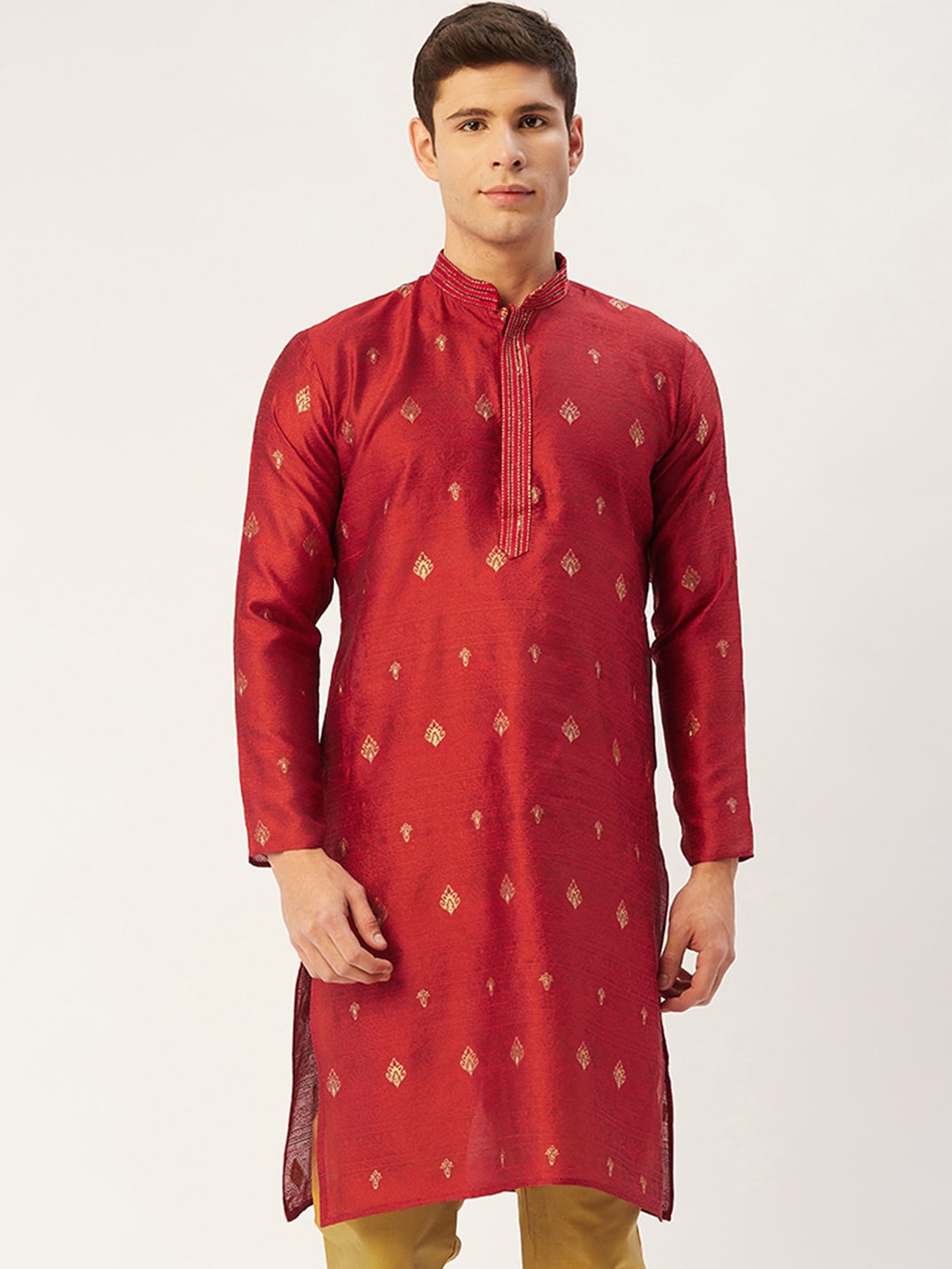 

Jompers Men Maroon Embroidered Woven Design Kurta