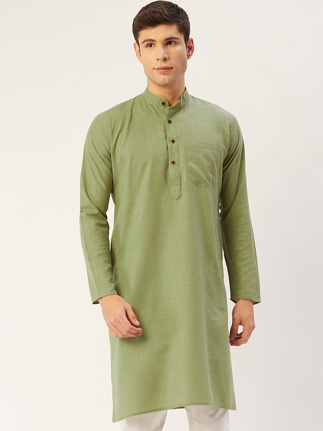 

Jompers Men Olive Green Cotton Solid Straight Kurta