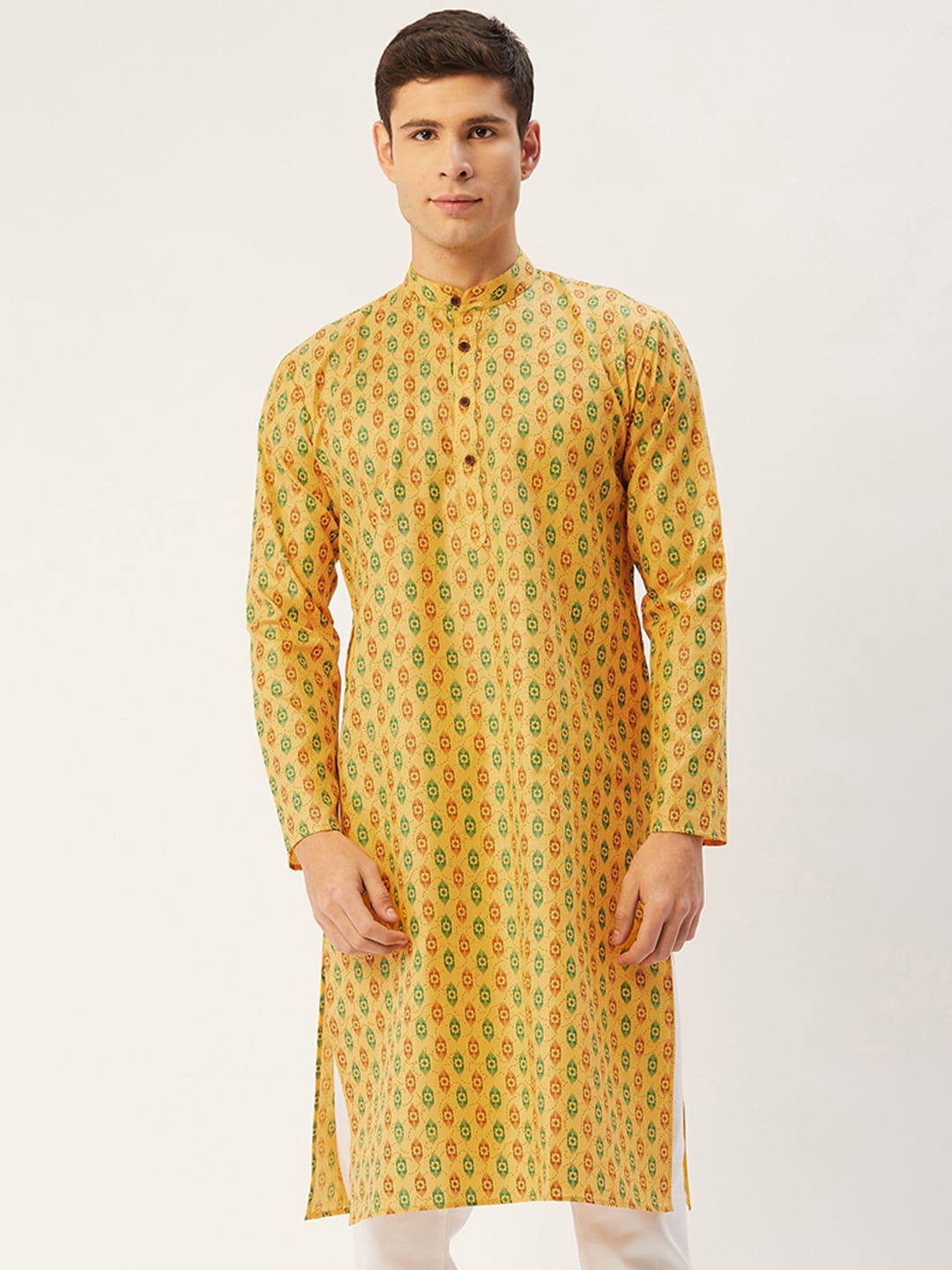 

Jompers Men Mustard Yellow Geometric Ikat Printed Pure Cotton Kurta