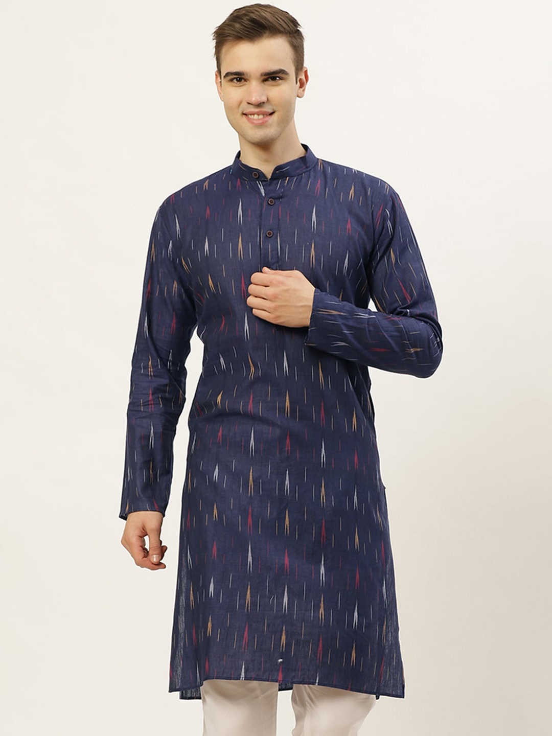 

Jompers Men Navy Blue Ikat Printed Kurta