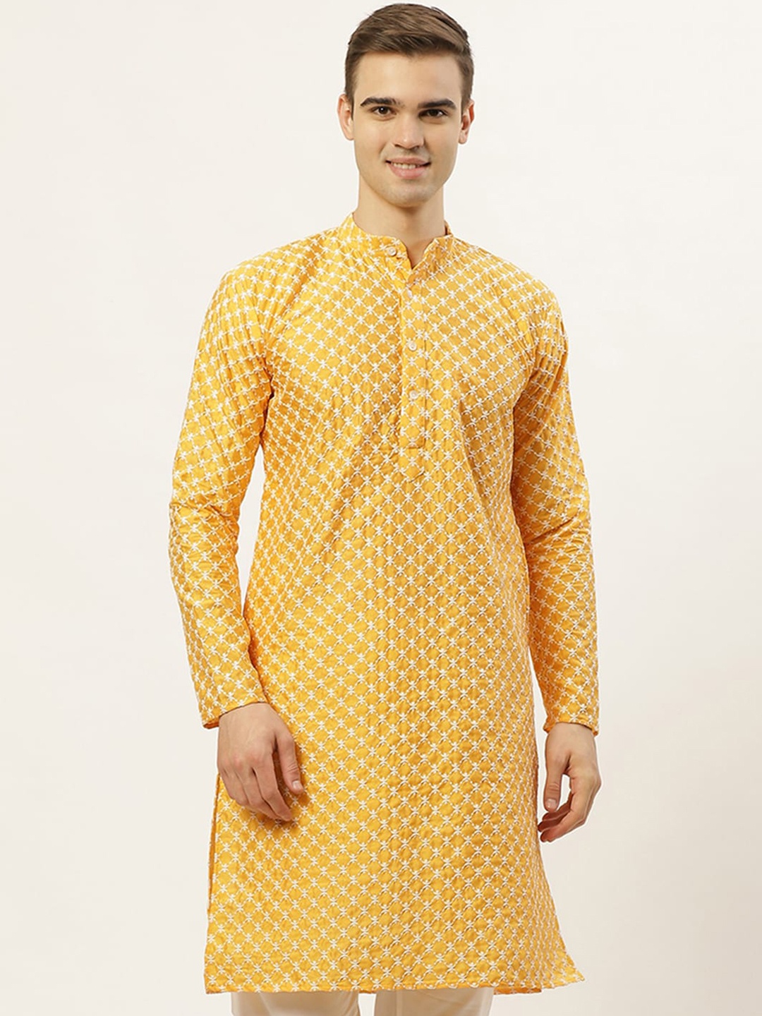 

Jompers Men Mustard Yellow & White Geometric Kurta