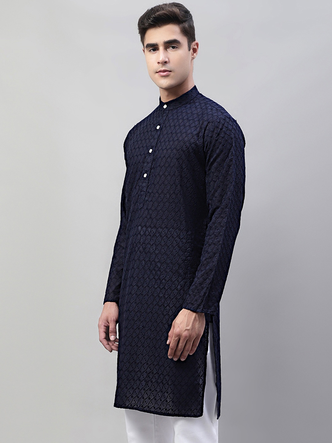 

Jompers Men Navy Blue Pure Cotton Embroidered Straight Kurta