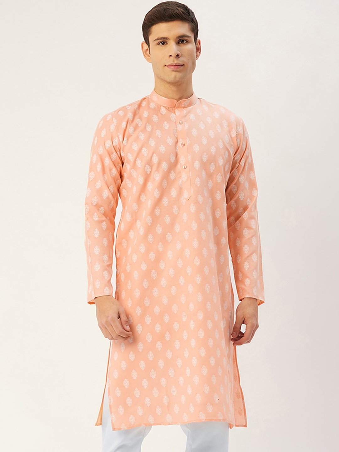 

Jompers Men Peach-Coloured & White Ethnic Motifs Kurta