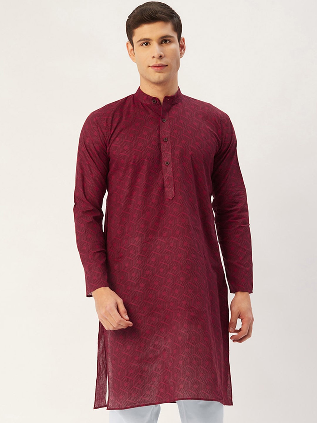 

Jompers Men Maroon Geometric Printed Kurta