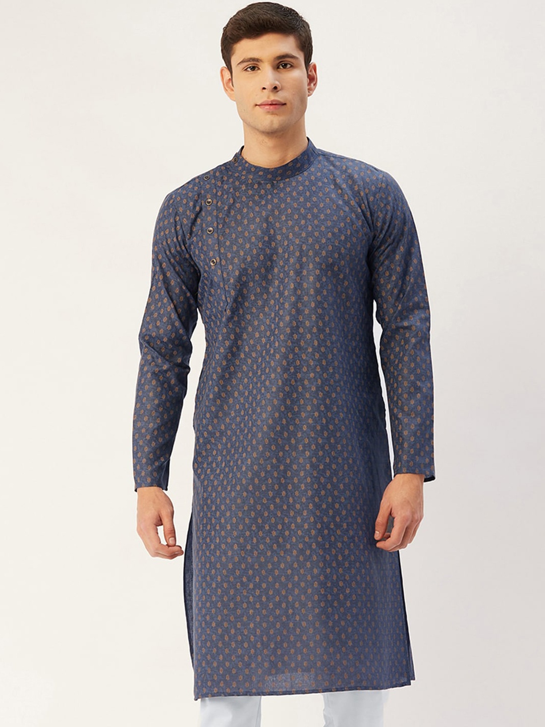 

Jompers Men Navy Blue Woven Design Angrakha Kurta