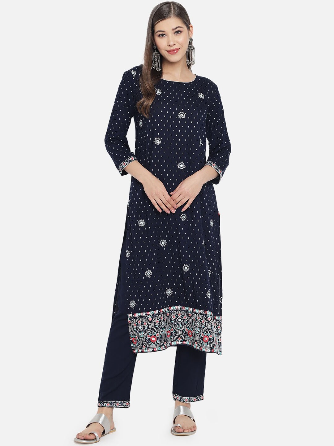 

Ramas Women Navy Blue Ethnic Motifs Printed Kurta with Trousers