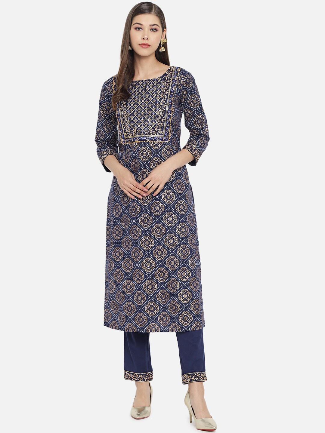 

Ramas Women Blue Ethnic Motifs Embroidered Beads and Stones Pure Cotton Kurta with Trousers