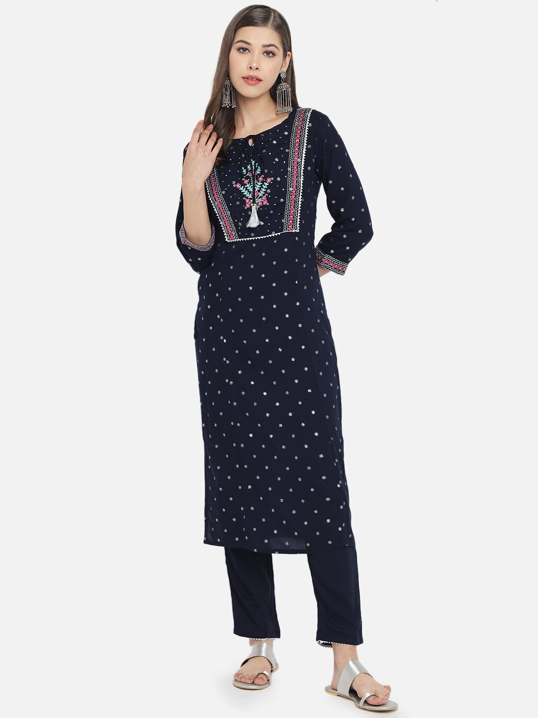 

Sangria Women Navy Blue Ethnic Motifs Embroidered Thread Work Kurta with Trousers