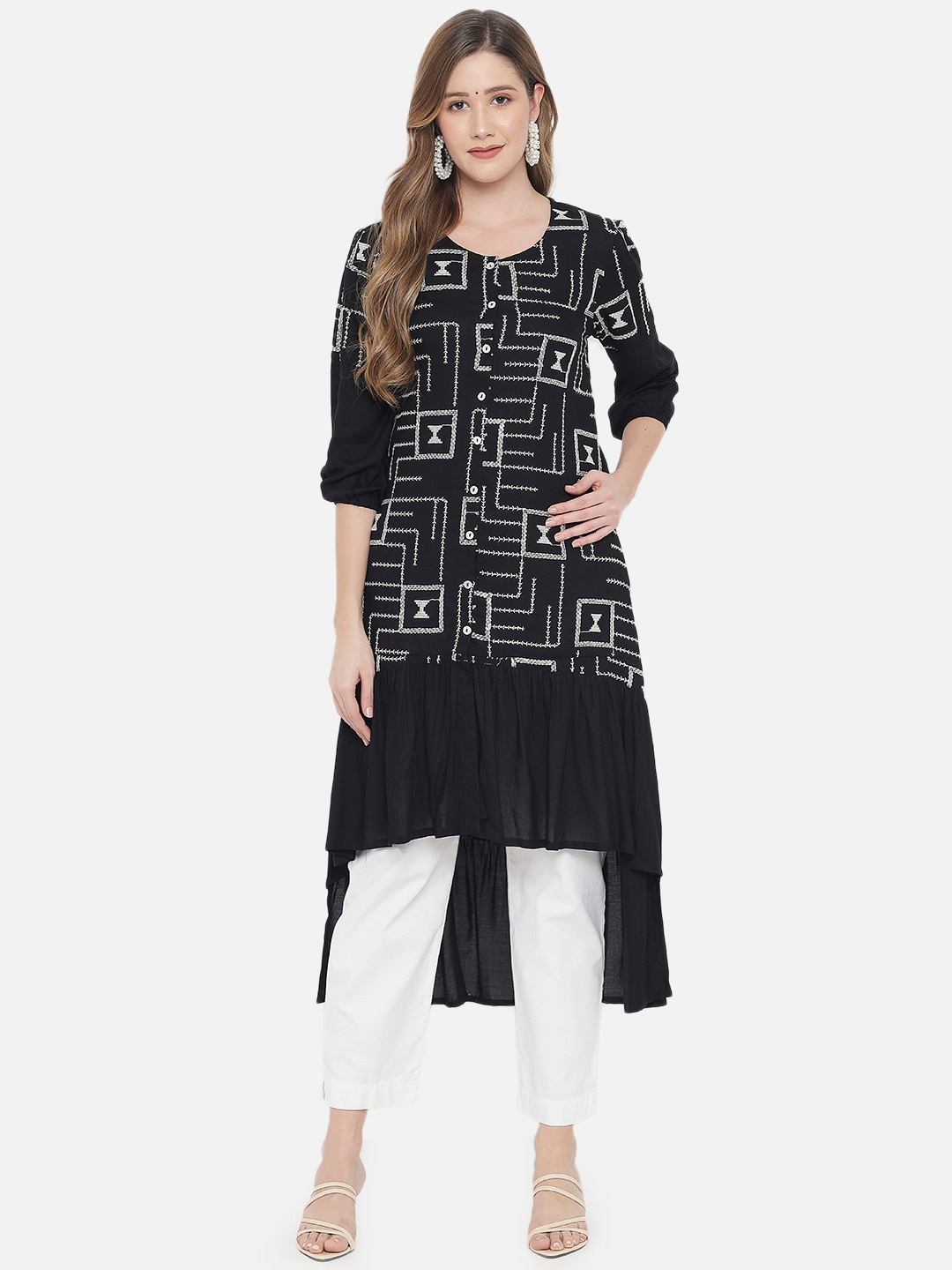 

Ramas Women Black Geometric Printed High-Low Kurta