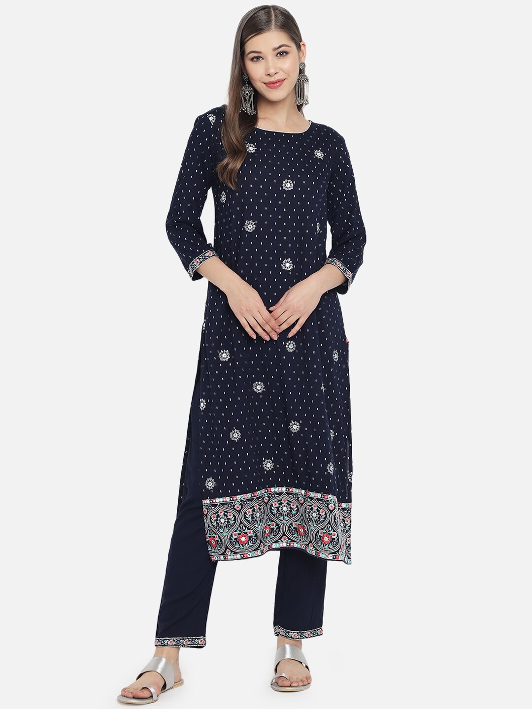 

Ramas Women Navy Blue Floral Printed Mirror Work Kurta with Trousers & Dupatta