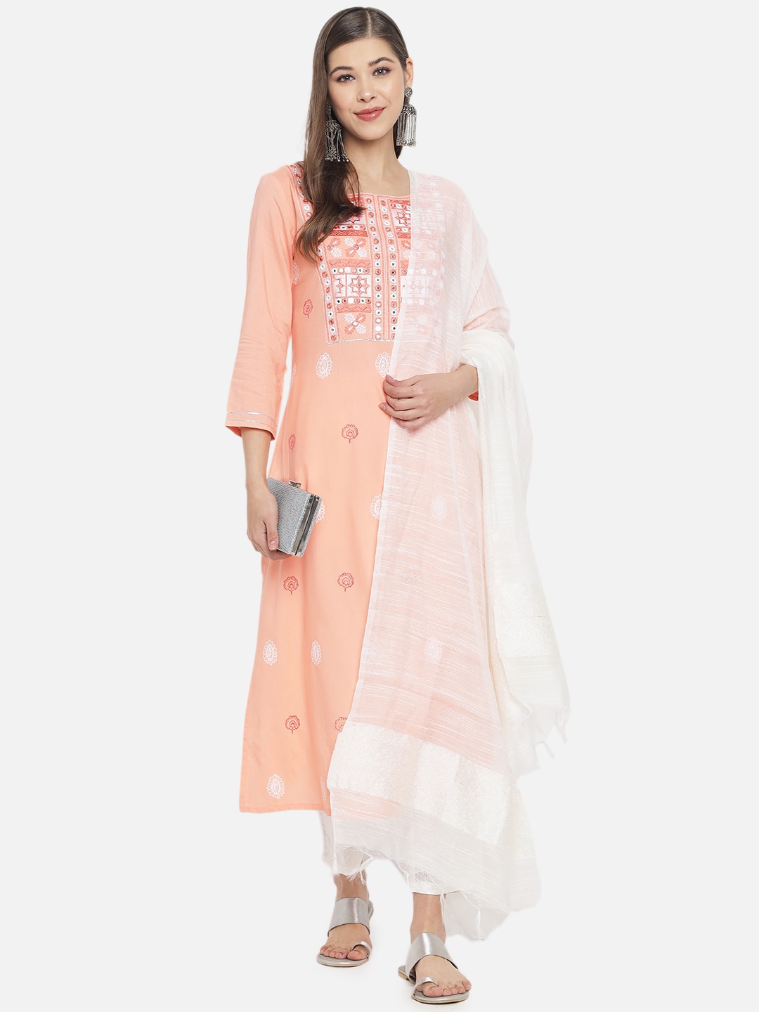

Ramas Women Peach-Coloured Embroidered Mirror Work Kurta with Trousers & Dupatta