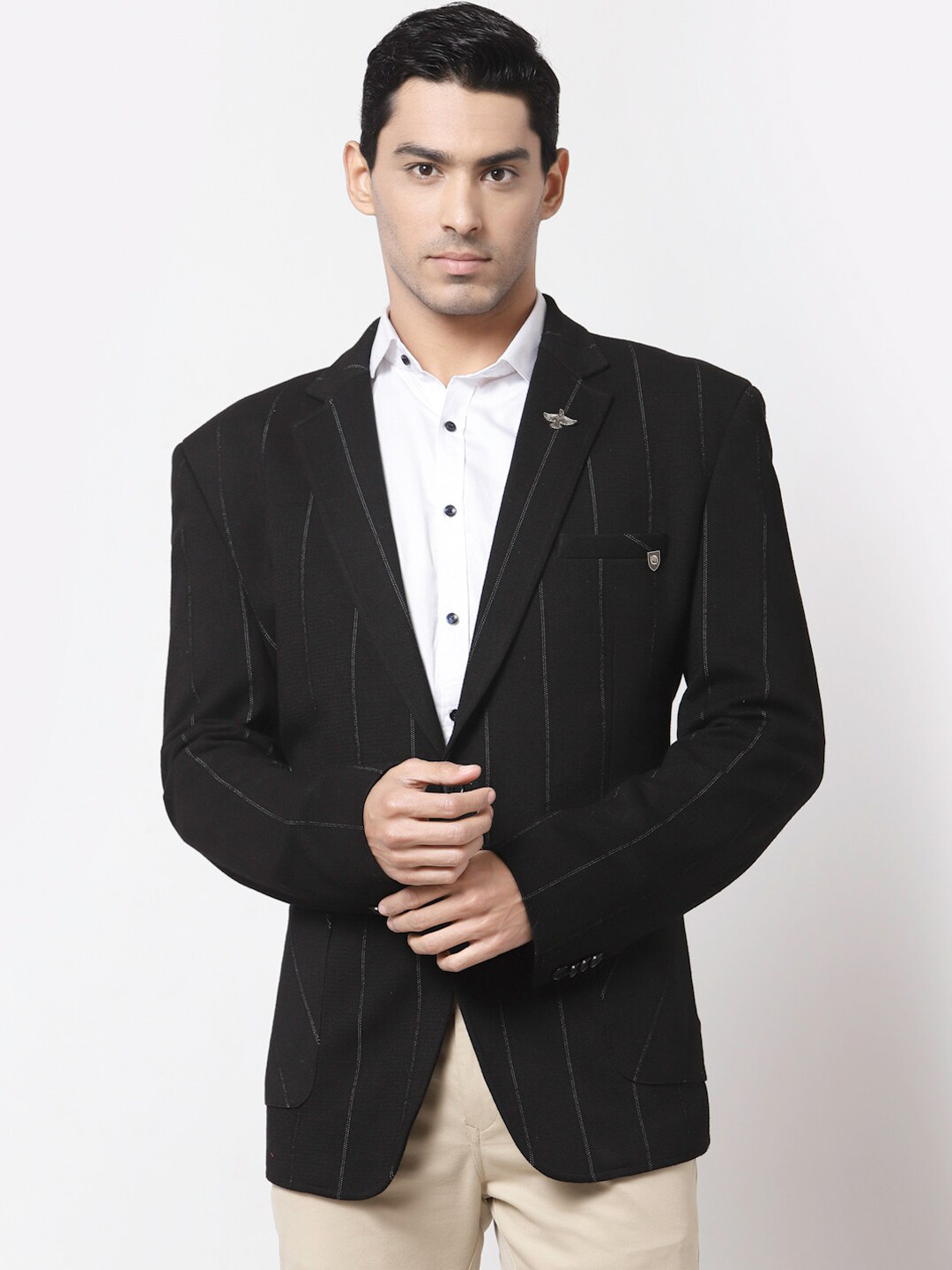 

MAXENCE Men Black Striped Single Breasted Formal Blazer