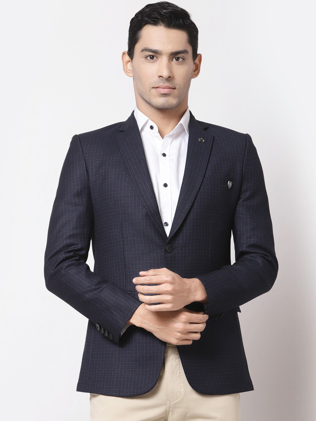 

MAXENCE Men Black & Blue Self Design Single-Breasted Formal Blazer