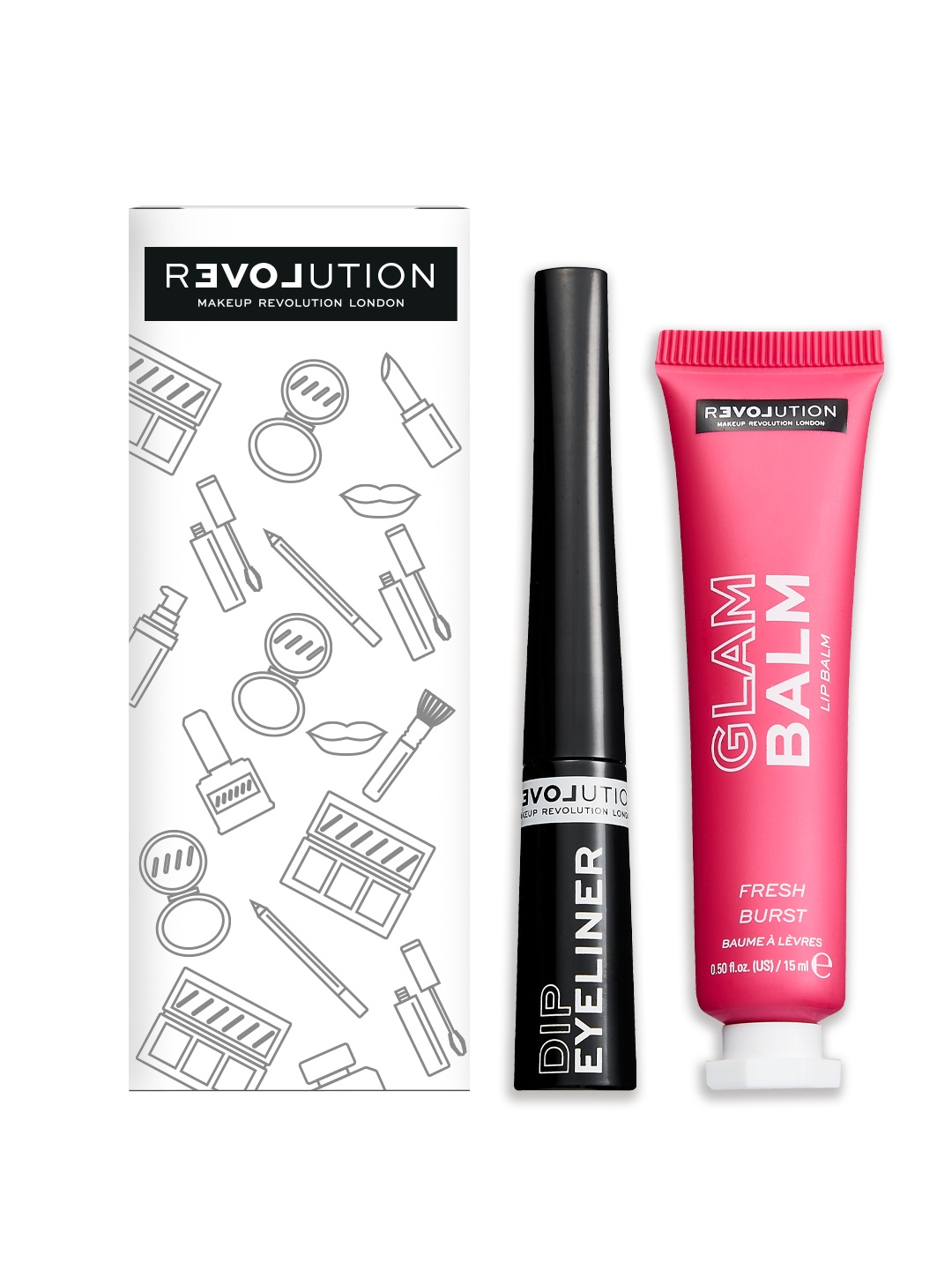 

Makeup Revolution London Set of Dip Eyeliner & Glam Fresh Burst Lip Balm, Black