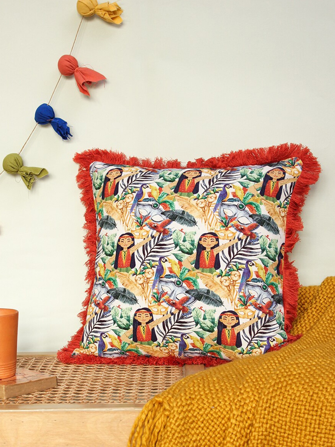 

House This Multicoloured Ethnic Motifs Pure Cotton Square Cushion Cover, Multi