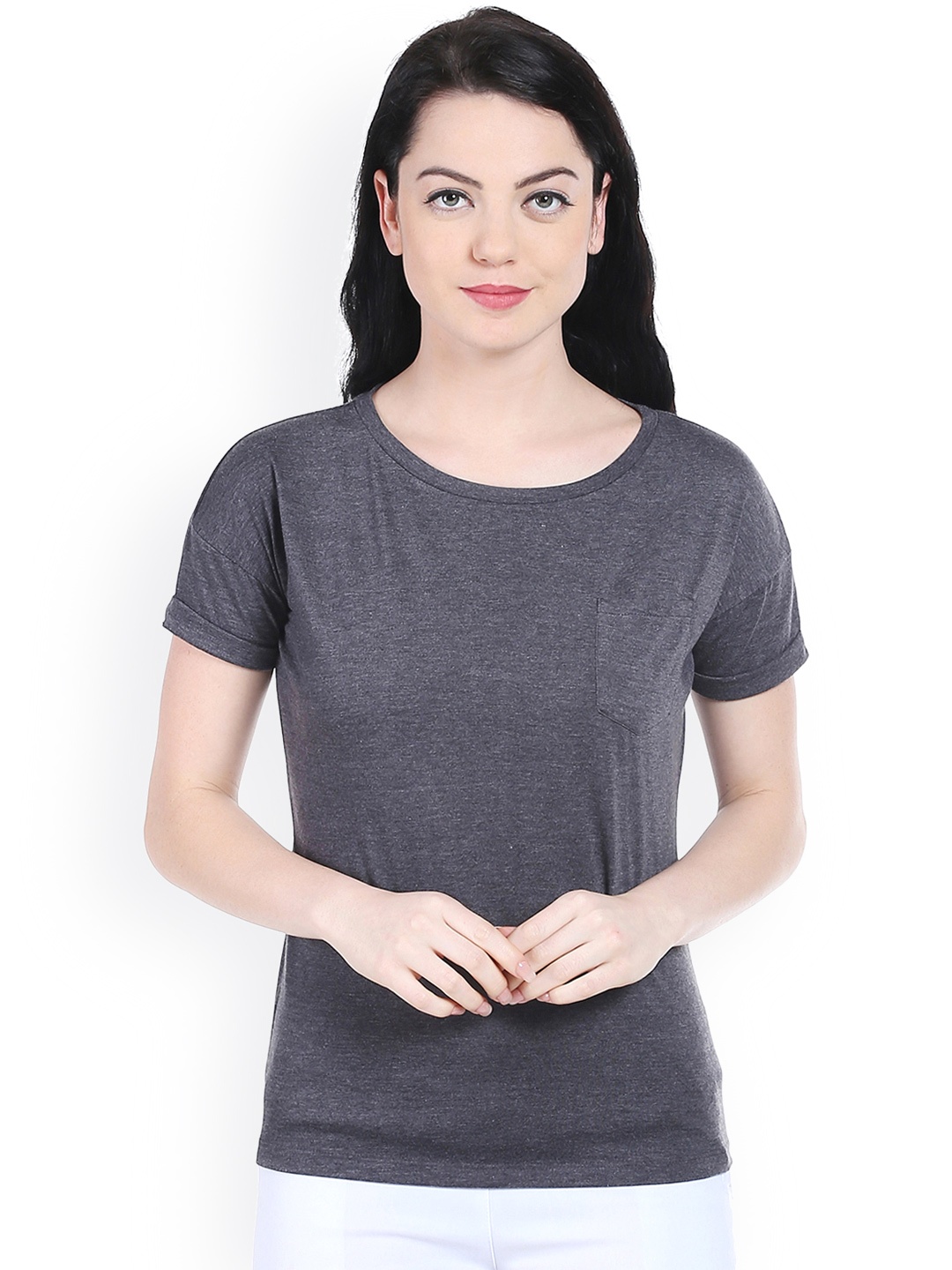 

Style Quotient Women Charcoal Grey Solid Round Neck T-shirt