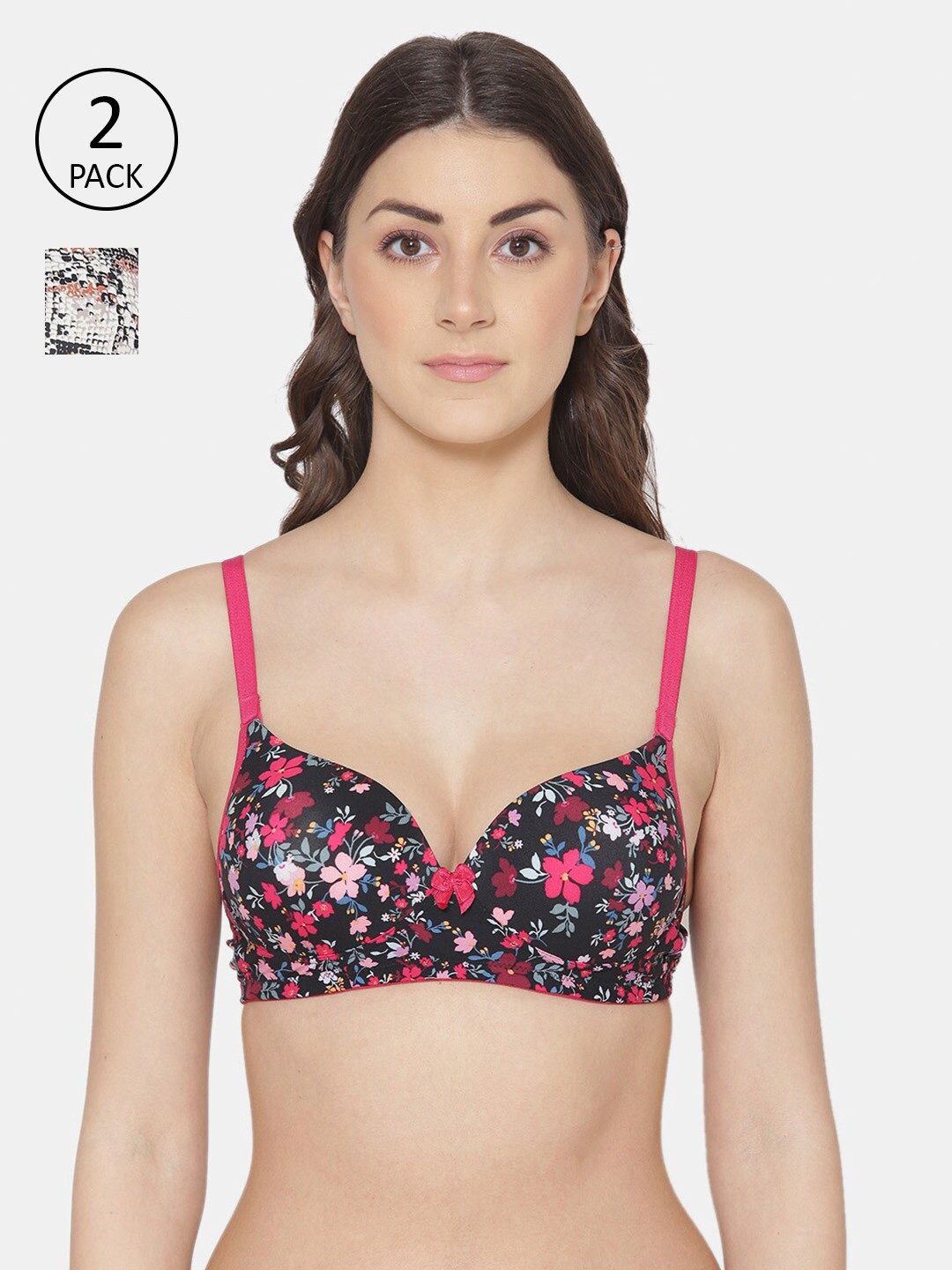 

Tweens Pack of 2 Black & Off-White Floral Printed T-shirt Bras - Lightly Padded