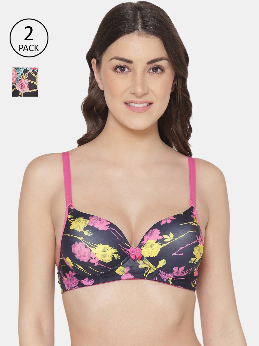 

Tweens Pack of 2 Black & Blue Floral Printed T-shirt Bras - Heavily Padded