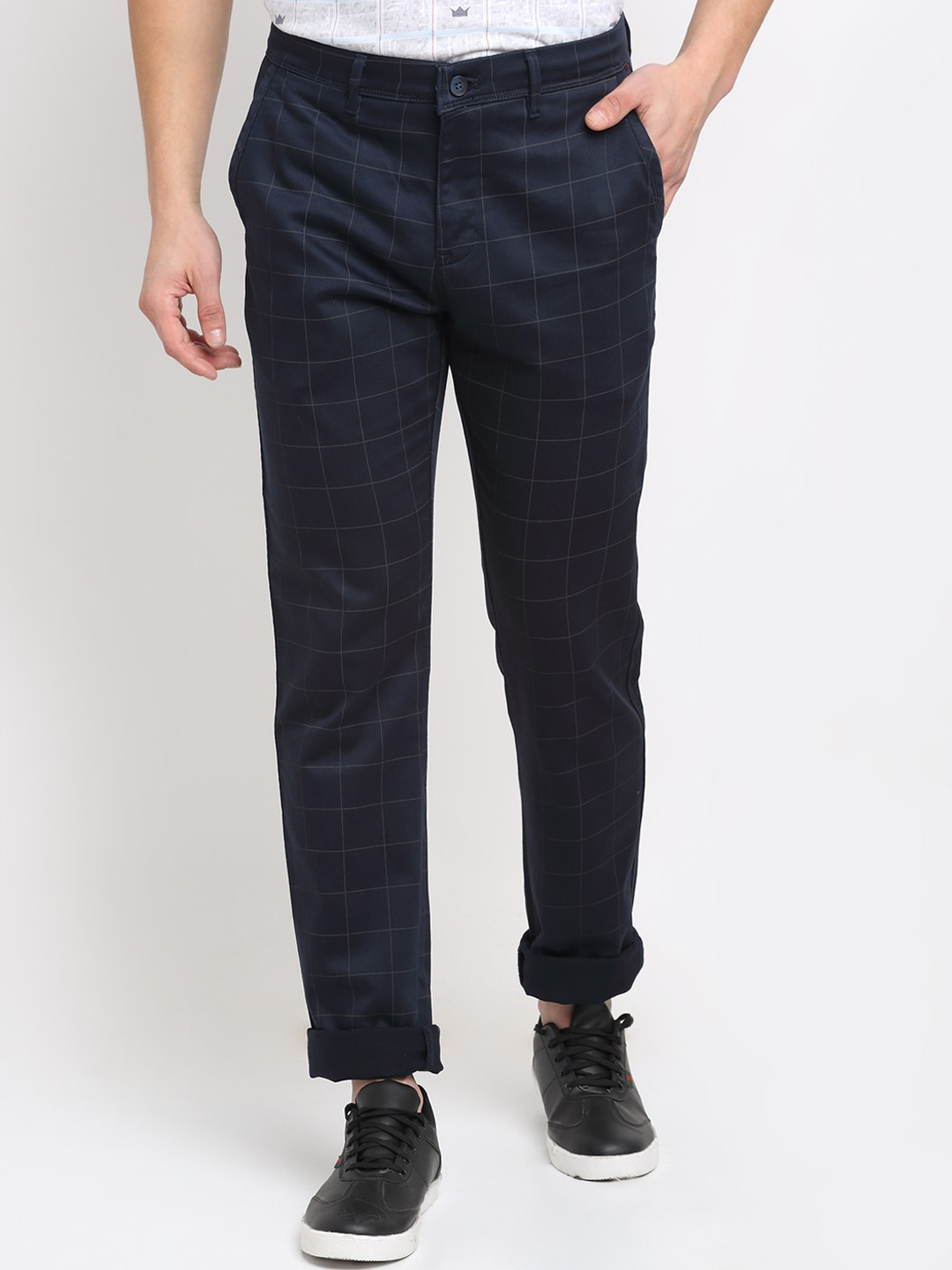 

Cantabil Men Navy Blue Regular Fit Checked Original Cotton Trousers