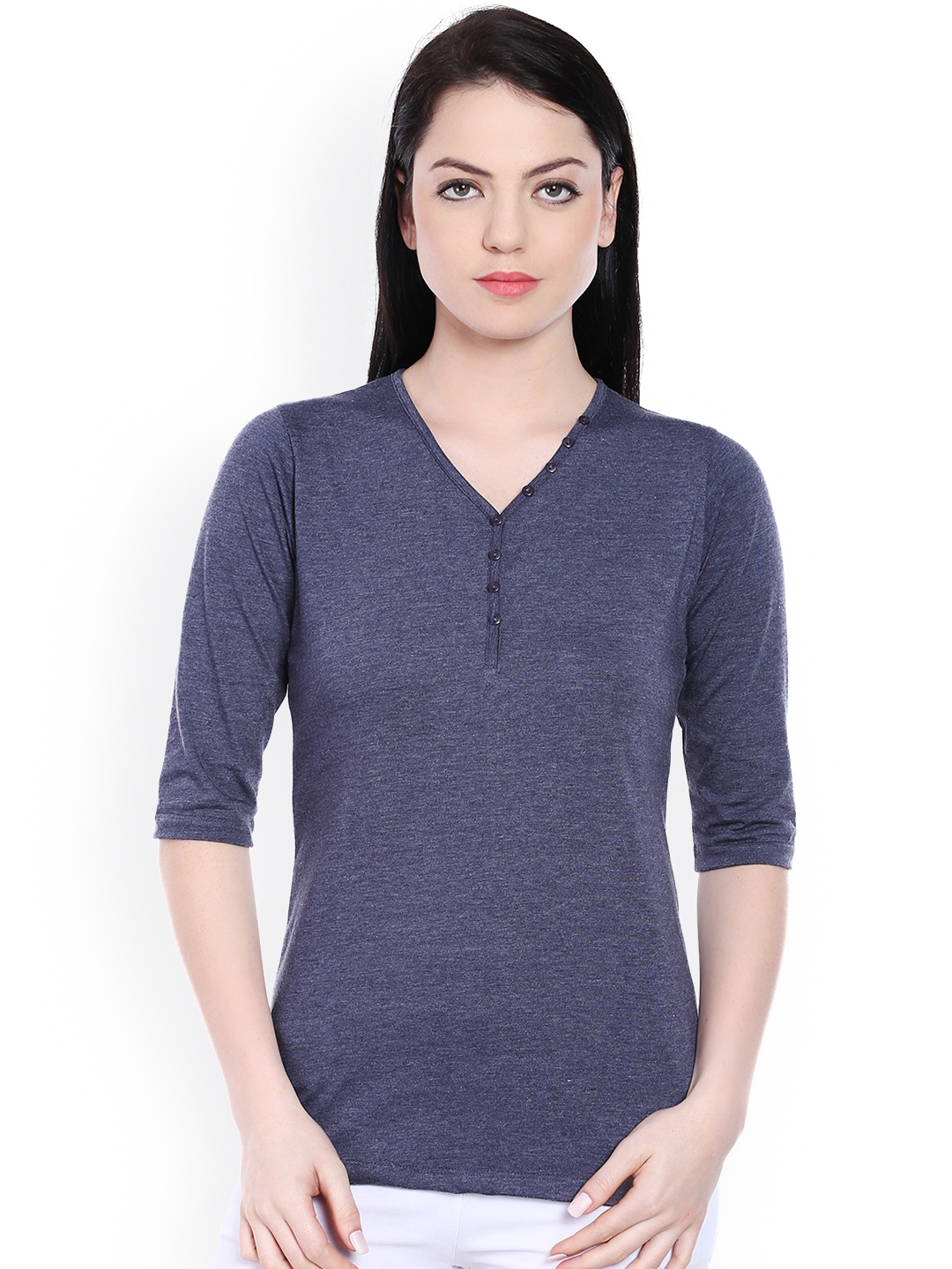 

Style Quotient Women Blue Melange V-Neck T-shirt