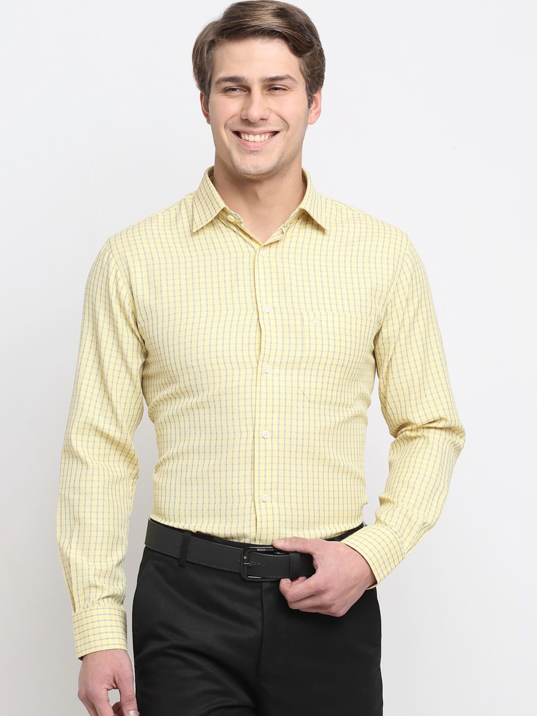 

Cantabil Men Yellow Original Micro Checks Checked Pure Cotton Formal Shirt