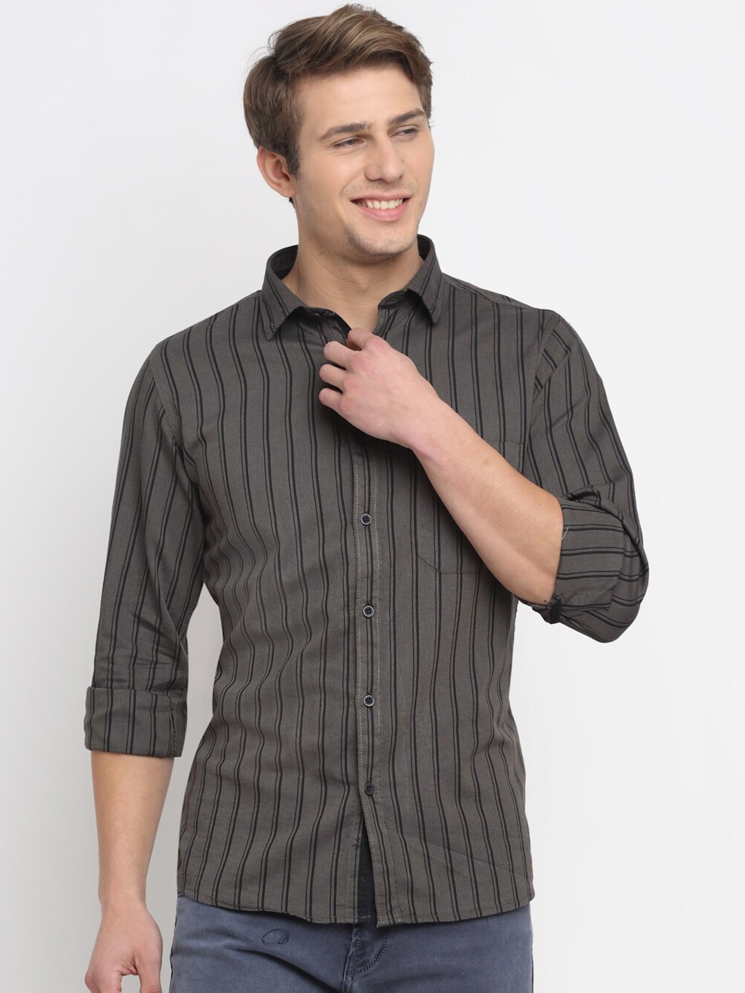 

Cantabil Men Olive Green Original Striped Pure Cotton Casual Shirt