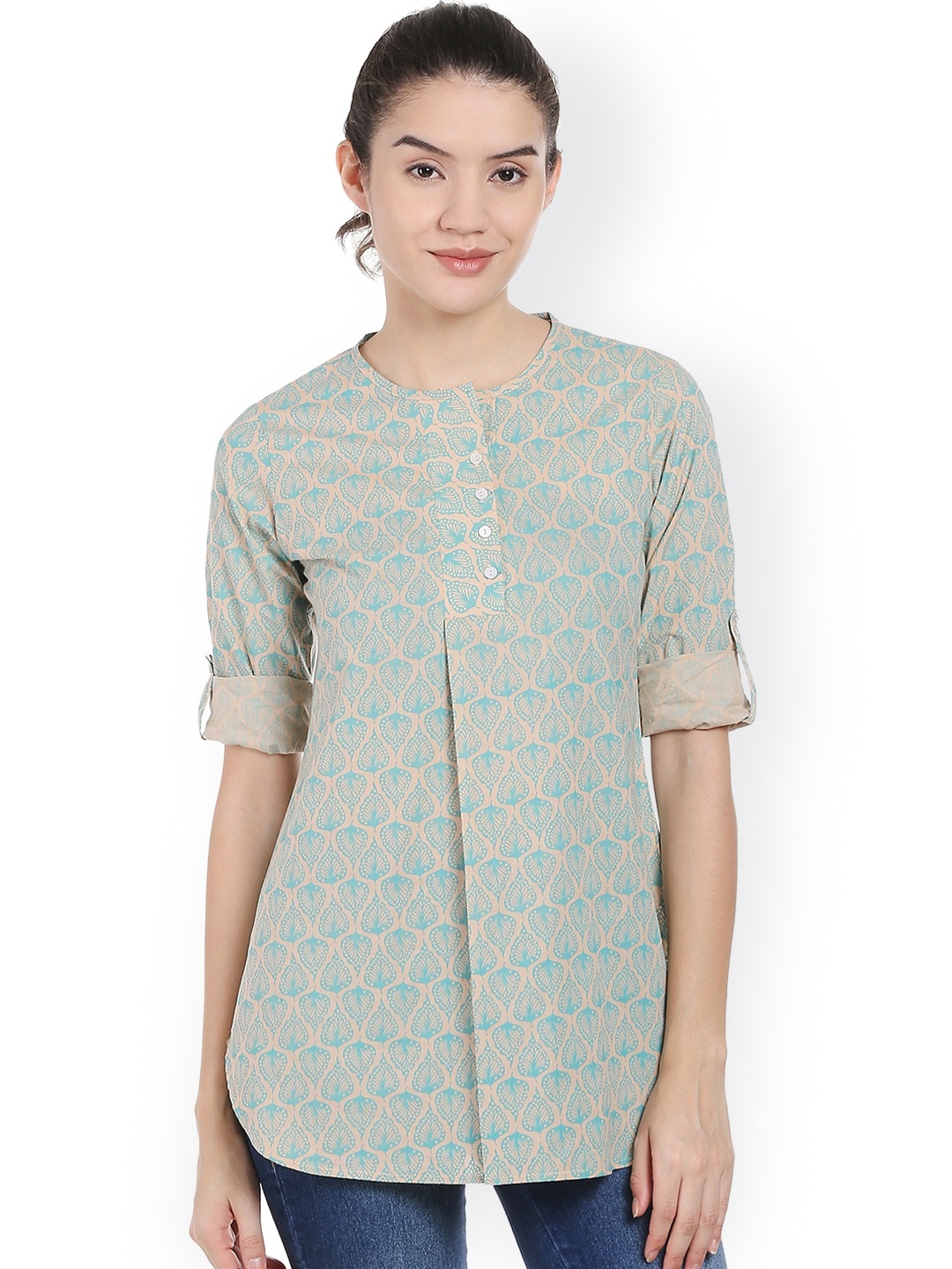 

Style Quotient Beige & Turquoise Blue Printed Top