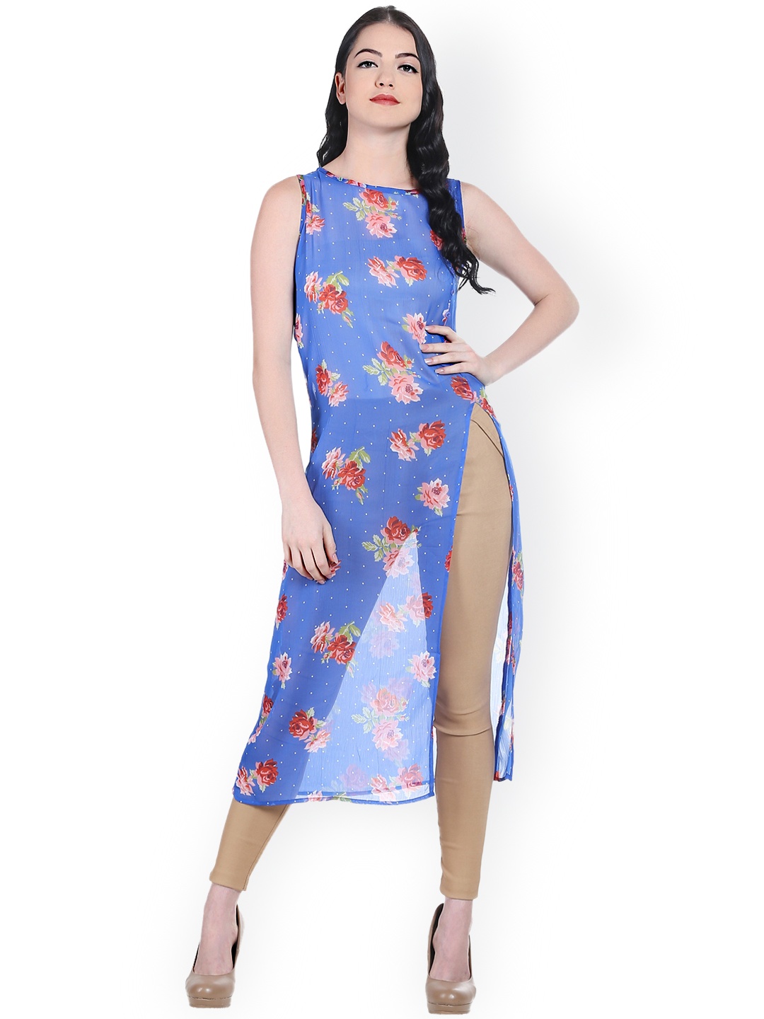 

Style Quotient Blue Floral Print Sheer Midi Top