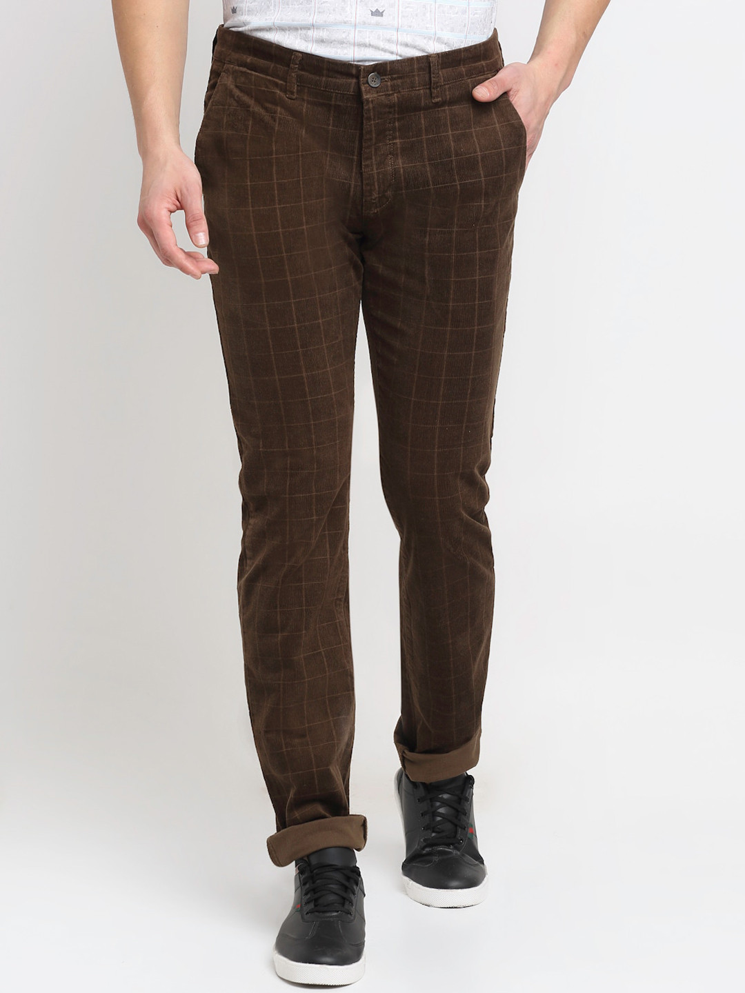 

Cantabil Men Brown Checked Original Pure Cotton Corduroy Trousers
