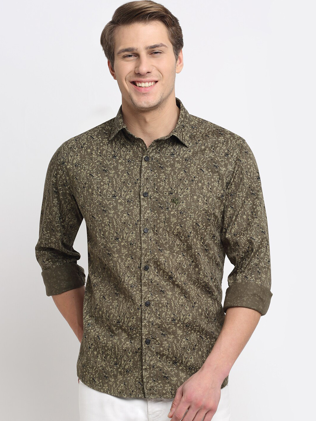 

Cantabil Men Olive Green Original Floral Printed Pure Cotton Casual Shirt