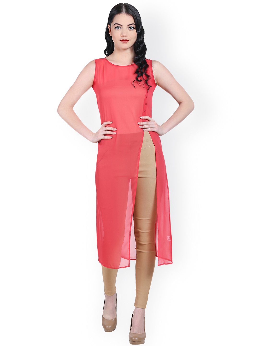 

Style Quotient Coral Red Sheer Midi Top