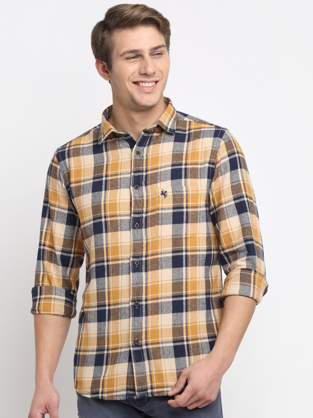 

Cantabil Men Yellow Original Tartan Checks Checked Pure Cotton Casual Shirt